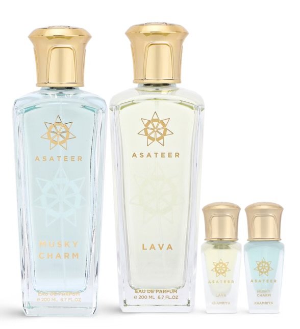 Indulge in elegance with the Asateer Perfume Gift Set, featuring two full-sized perfumes and two travel-sized minis, elegantly housed in a luxurious gift box. Crafted with premium ingredients, each scent delivers long-lasting depth and sophistication.